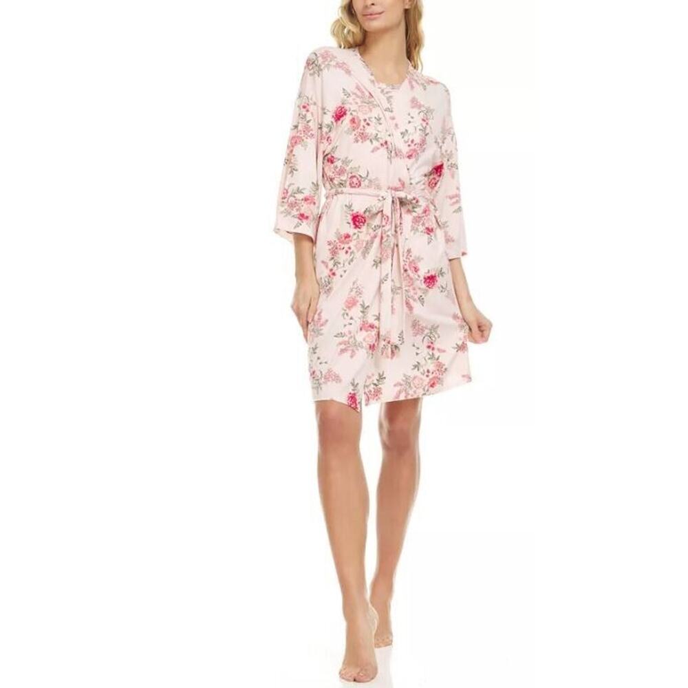 Flora by Flora Nikrooz Women'sā Lauren Wrap 3/4 Sleeve Robe in Pink Floral Large